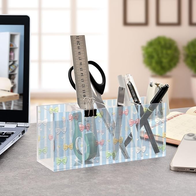 Aslsiy Bows Ribbon (20) Pen Holder for Kids 4 Compartments Acrylic Pencil Holder Clear Makeup Brush Holder Desk Organizer Office Supplies