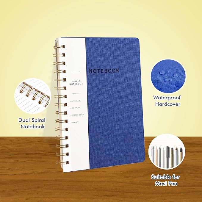 Spiral Notebook-5.75" x 8.125" College Ruled Journal with Inner Pockets and 160 Pages,PU Leather Cover Business Journal, Twin-Wire Binding Notebook Perfect for Office & Home School Supplies 6 pack Navy Blue