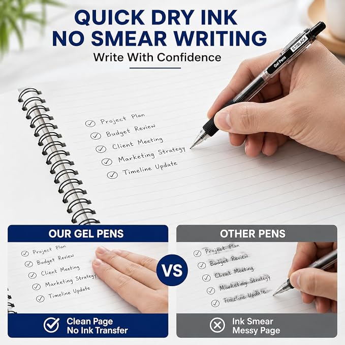 100 Pack 0.7mm Black Gel Pens Retractable Medium Ballpoint Pens Bulk | Smooth Writing, Non-Slip Grip, Quick-Drying Black Ink, No Bleed, No Smear, Clear Barrel with Clip for Office School Supplies