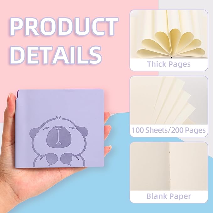 BOBO RABBIT 3 Pack Mini Blank Notebooks Pocket Sized Journal Notebook 4x4 Blank Paper 200 Pages Small Soft Leather Sketchbook Journal Cartoon Capybara Pattern for Drawing Travel Classroom Student