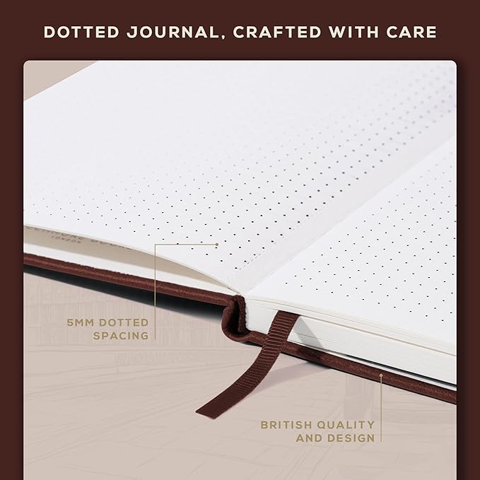 BEECHMORE BOOKS A5 Dotted Journal – 160gsm Thick Paper No-Bleed Bullet Notebook – Hardcover Dot Grid Logbook with Presentation Gift Box – Vegan Leather Sketchbook for Artists & Professionals