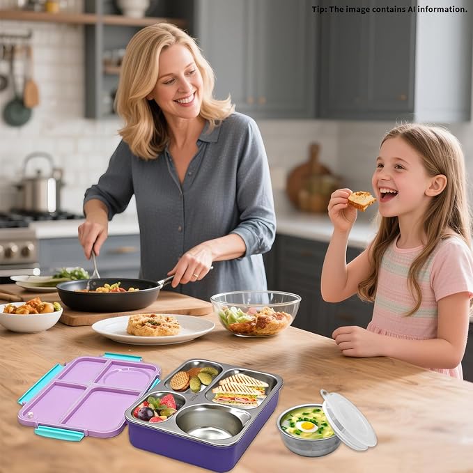 Kids Stainless Steel Lunch Box,304 Stainless Toddler Leak-Resistant Insulated Metal Bento Box,Suitable Schools,Office,Use Comes With An Independent Soup Cup,Tableware,4 Compartments (Purple) ﻿