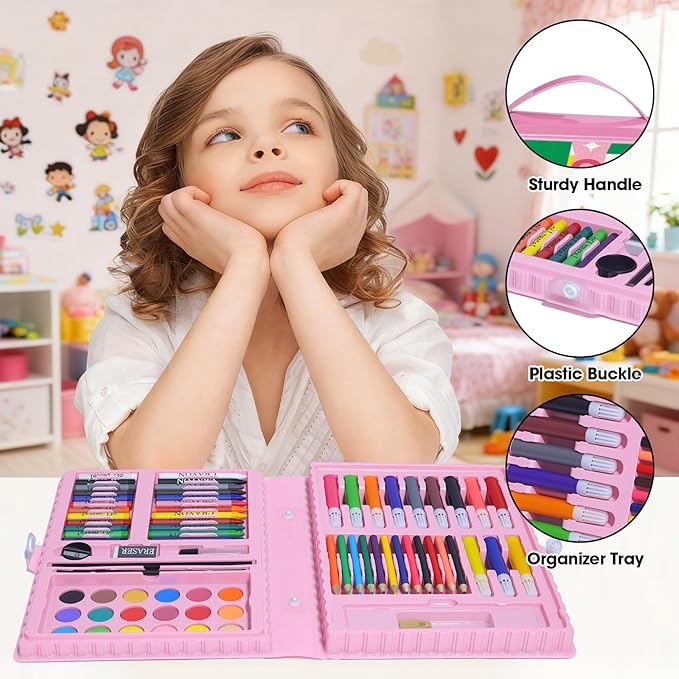 KIDDYCOLOR Kids Art Set, Drawing Art Supplies for Girls & Boys Ages 4-8 with Watercolor Cakes, Oil Pastels, Colored Pencils, Ideal Gift for Young Artist, Pink-87pcs