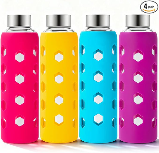 Mrsdry 18 oz Glass Water Bottles with Lids & Silicone Sleeves, 4-Pack | BPA Free, Leak-Proof Reusable Glass Drinking Bottles with Stainless Steel Airtight Cap for Juicing, Dishwasher Safe, Non-Slip