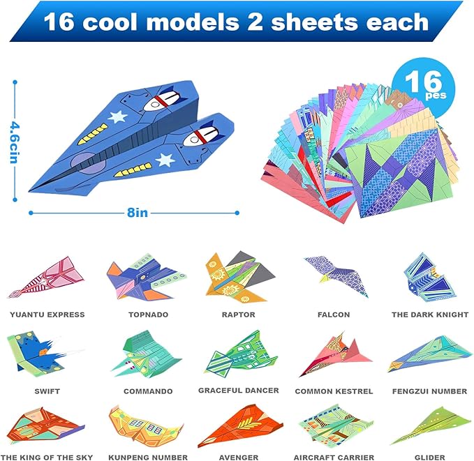 Vodolo Paper Airplane Kits with 16 Classic Designs,32 Sheets Paper Planes Origami Kit for Kids Ages 5-12,Airplane Gifts for Boys and Girls