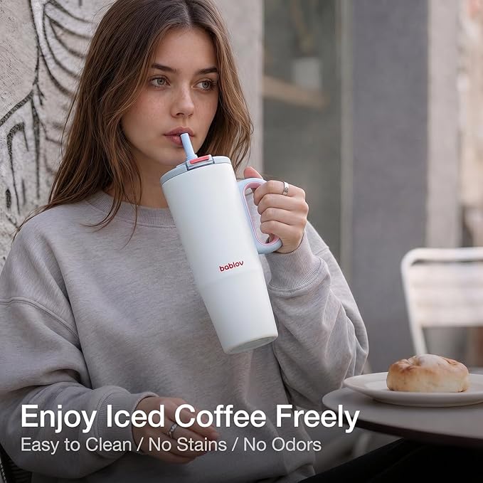 BABLOV 40 oz Ceramic Lined Tumbler with Straw - 316L Stainless Steel Insulated Coffee Tumbler with Lids Handle for Cold Hot Beverages at Home Office or on the Go Travel Coffee Mugs