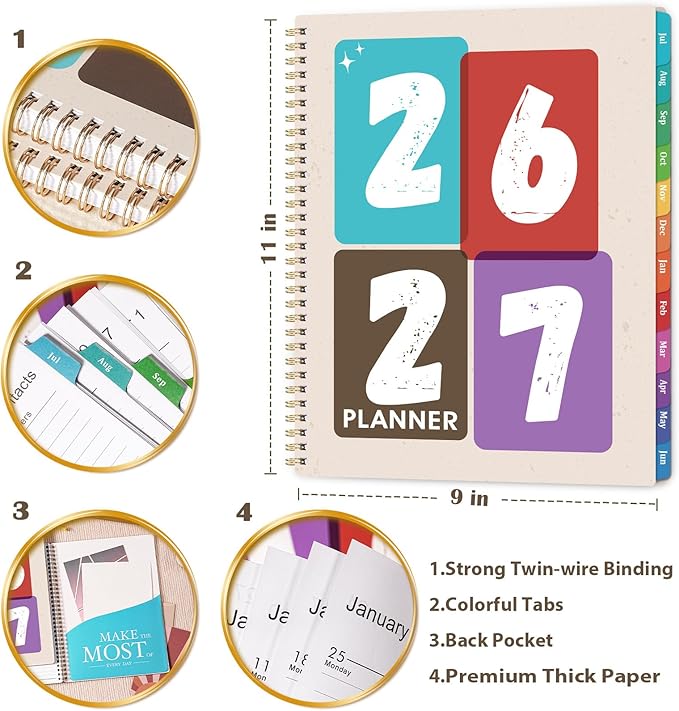 Planner 2026-2027 - Academic Planner, Jul. 2026 - Jun. 2027, 9" X 11", 2026-2027 Planners Weekly and Monthly, Calendar Planners with Colorful Monthly Tabs, Twin-Wire Binding, Holidays, Back Pocket