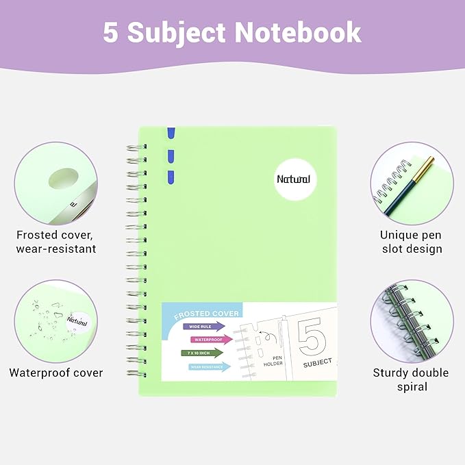 FLYING EAGLE Hardcover Spiral Notebooks 7" X 10" Note Taking 5 Subject Notebook Wide Ruled with Dividers, 204 Pages Lined Spiral Journal Notebook for Work Writing, Green B5