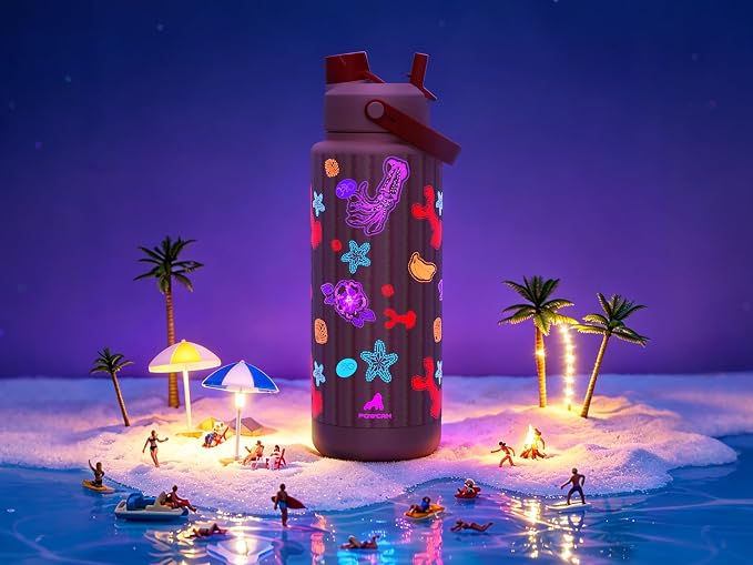 POWCAN 40 oz Insulated Water Bottle with 2-in-1 Straw and Spout Lid, Glow-in-the-Dark, 24H Cold, Leakproof, BPA-Free, Double Wall Stainless Steel for Sports, Gym, Travel, and School (Reef Carnival)