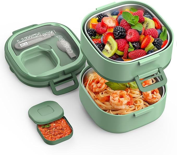 PEDECO Double-Layer Bento Lunch Box for Kids & Adults with Removable Stainless Steel Dividers,Dressing Container,BPA-Free,Dishwasher Safe - Includes Utensil,(Green,Non-Insulated)