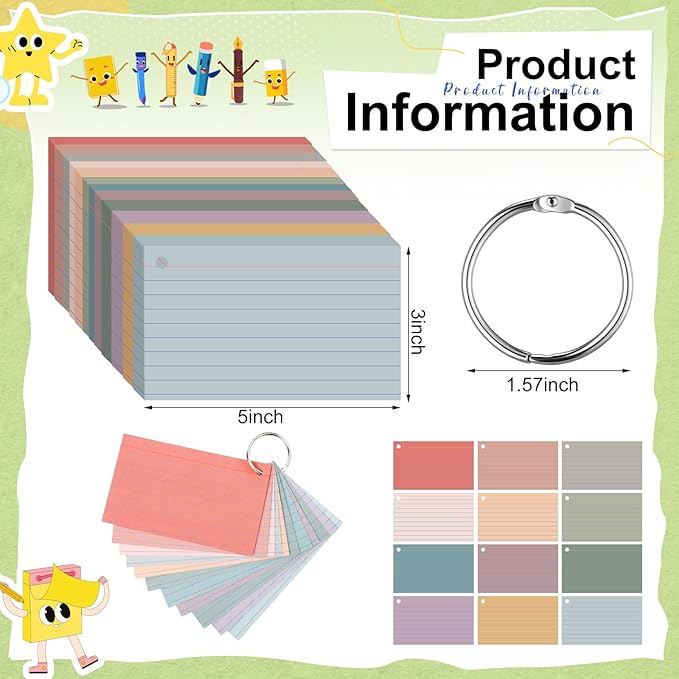12 Pack Colored Index Cards with Key Ring 3 x 5 Inch 1800 Count Portable Flash Cards College Ruled Lined Flashcards Notepad Aesthetic Notecards for Note Taking Learning Studying Office