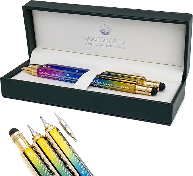 Monteverde USA Tool Pen Set – Rainbow Fountain Pen Medium Nib + Ballpoint with Standard Blue Refill – Luxury Writing Gift for Collectors, Professionals & Everyday Use