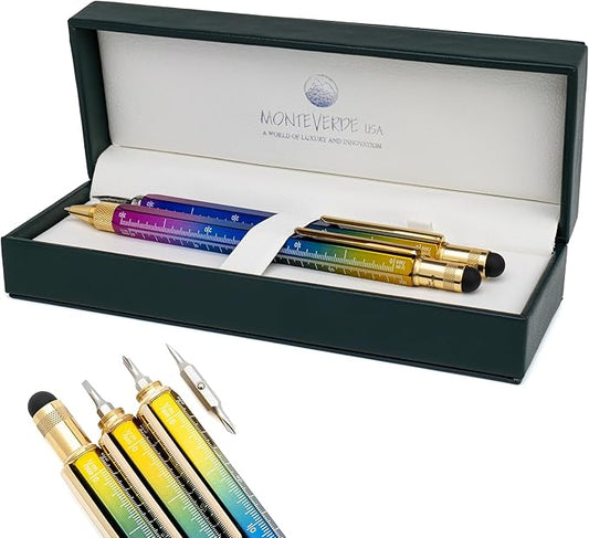 Monteverde USA Tool Pen Set – Rainbow Fountain Pen Medium Nib + Ballpoint with Standard Blue Refill – Luxury Writing Gift for Collectors, Professionals & Everyday Use