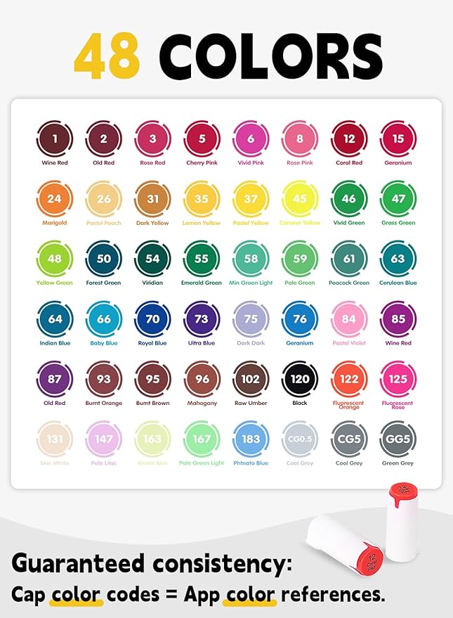 YHC 48 Colors Alcohol Markers Brush Tip with Free App, Chen Rui Series Chisel & Brush Tips Alcohol Brush Markers for Adults Coloring, Drawing, Painting, Illustration, Sketching