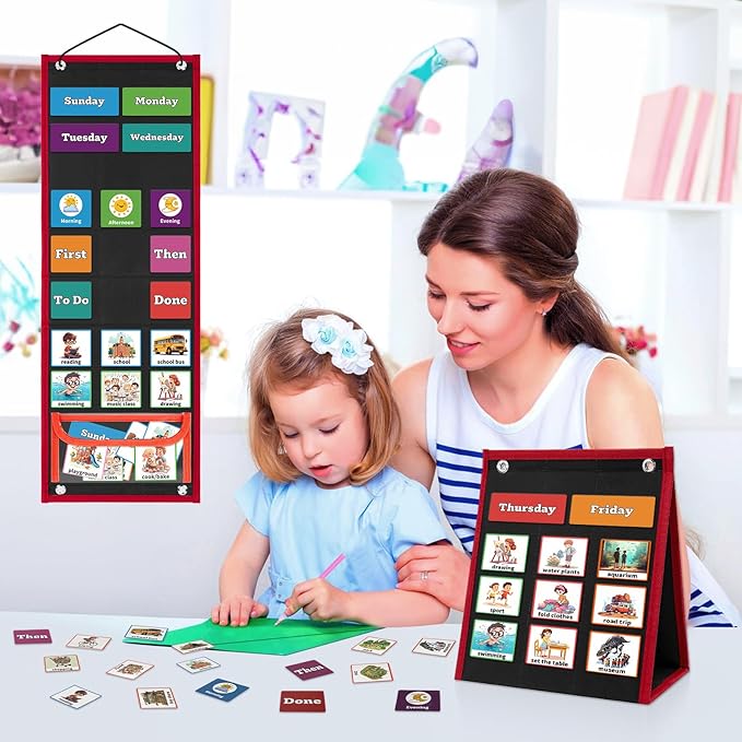 PITCOTT Visual Schedule for Kids Chore Chart，2 in 1 Daily Schedule Board Routine Pocket Chart Cards for Toddlers,Autism Learning Materials Tool Wall Planner for Home School with 103 Cards （Black）