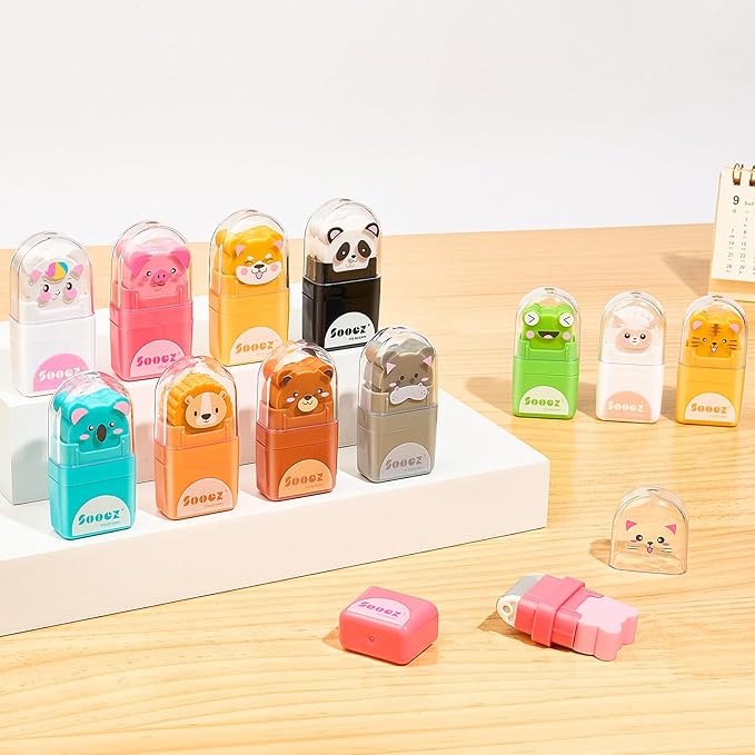 Sooez 12 Pack Pencil Erasers, Cute Animal Eraser with Clean up Roller and Cover, Latex-Free, Bulk Art Drawing Erasers for Teens & Teacher Classroom/School Supplies, Party Favor
