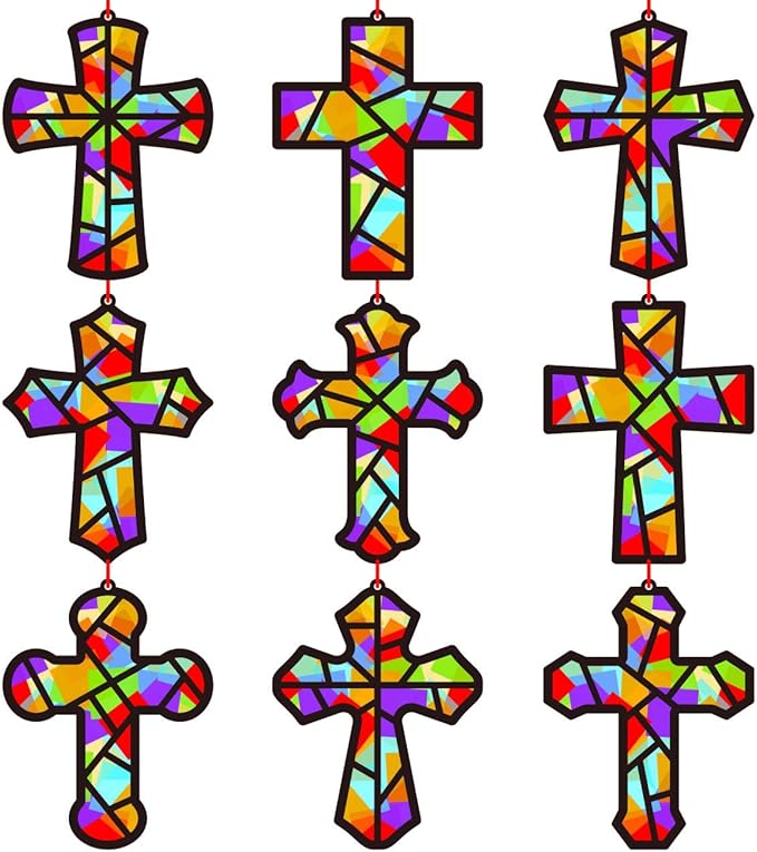 Renbuzhu 48PCS Sunday School VBS Crafts Bulk: Paper Cross Nativity Suncatchers, Jesus Religious Christian Activity DIY Kits Church Decorations, Window Stained Glass Effect Art Supplies