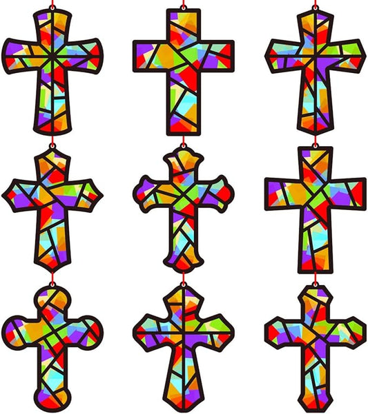 Renbuzhu 48PCS Sunday School VBS Crafts Bulk: Paper Cross Nativity Suncatchers, Jesus Religious Christian Activity DIY Kits Church Decorations, Window Stained Glass Effect Art Supplies
