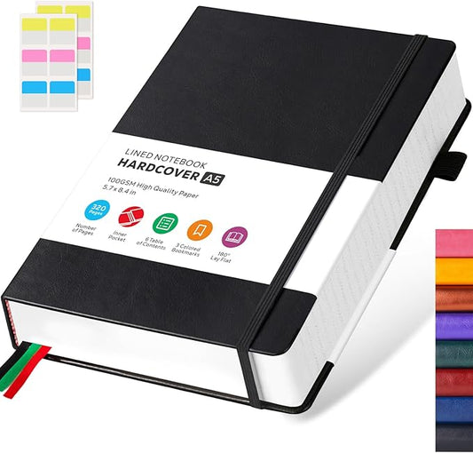 Hardcover Lined Notebook Journal for Writing, 320 Pages Leather Thick College Ruled Notebook Journal with 100GSM Paper, A5 (5.7'' X 8.4'') Daily Journal for Women Men Work Organization, Black