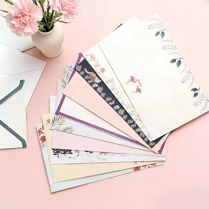 91 Pcs Stationery Paper Envelopes Set Includes 60 Lined Writing Stationery Paper & 30 Envelopes with 48 Round Dot Stickers, Cute Floral Letter Writing and Stationery Paper Envelopes (10 Style)