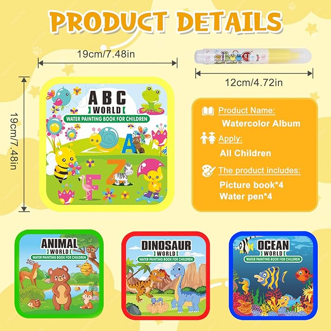 Water Painting Books for Toddlers, 4 Pack Reusable Magic Water Coloring Book with Water Pen Fairy Tale for Ages 3+, Water Doodle Book Travel Toys for Kids(Mix-4color)