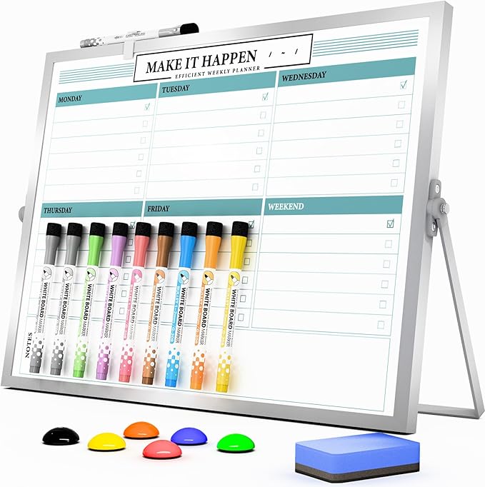 Marsrock Dry Erase White Board with Stand,Double-Sided Weekly Whiteboard 16"x12",10 Markers,6 Magnets,1 Eraser,Portable Desktop Whiteboard for Planning,Weekly Schedule Board for Office