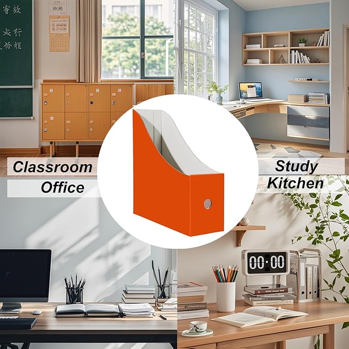 Limitliho 6 Pack Cardboard Magazine Holder for Desk, Book Bins for Classroom Library,Office,Home, 10.6" H x 10.2" L x 3.5" W in Magazine File Holder (Orange Red)