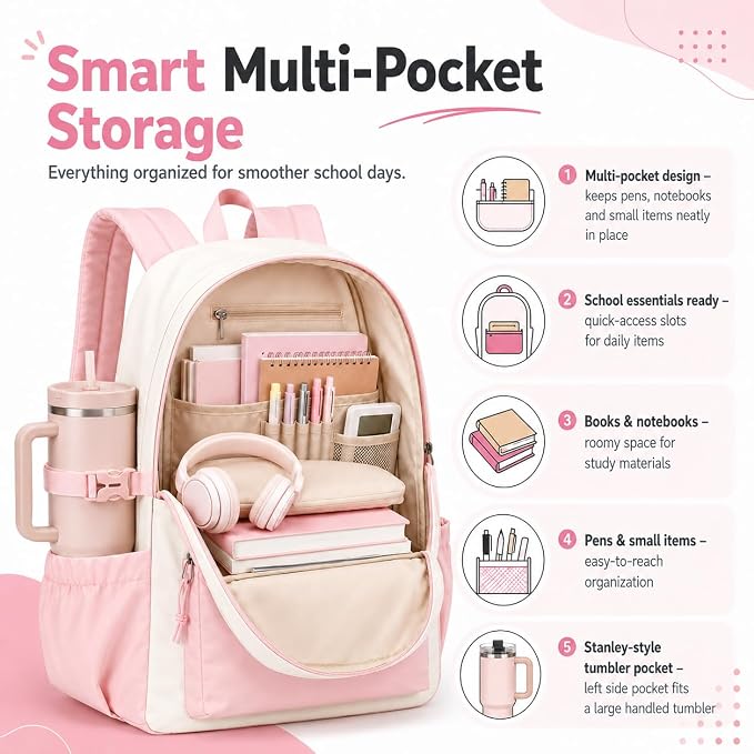 LOIDOU Backpack for Girls School Backpacks Bookbags for Elementary Middle School Women Laptop Backpacks (Pink White-, L-17)