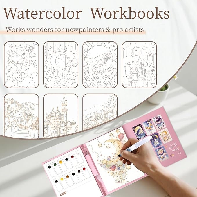NaTuGi 2Pac Watercolor Workbook for Adults,Watercolor Coloring Book,Portable Watercolor Painting Books,Creative Stress Relief Kit,Suitable for Beginners Birthday Gift (Dreams and Architecture)