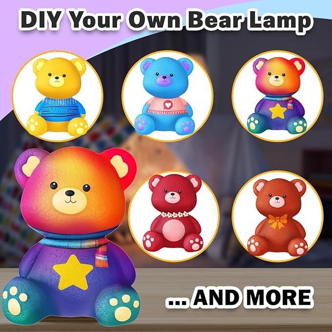 FUNZBO Paint Your Own Bear Lamp Kit - Arts and Crafts Supplies Painting Kits for Kids Teens, DIY Night Light Toy for Girls Boys Ages 3 4 5 6 7 8 9 10 11 12 Birthday Gifts