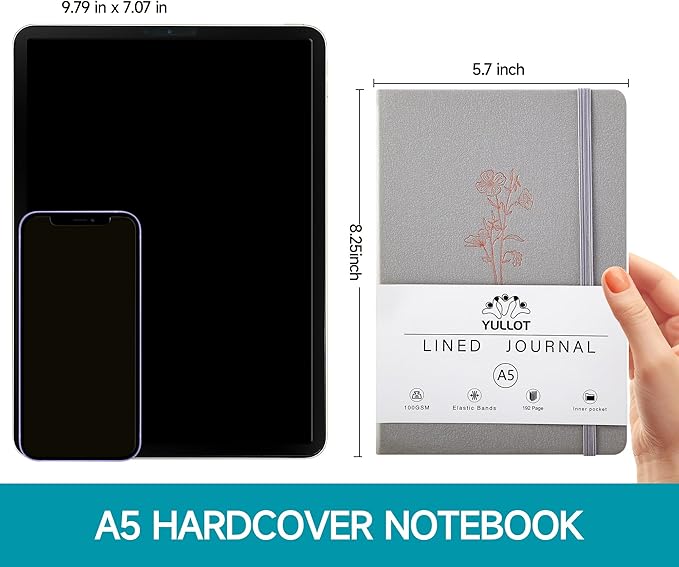 Lined Journal Notebook –A5 PU Leather Hardcover Notebook, 100gsm Thick Bleedproof Paper with Inner Pocket – 192Pages Lined Writing Journal for Students Women Note Taking - Light Gray