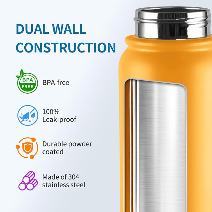 GOPPUS 20 Oz Insulated Stainless Steel Water Bottle BPA-Free Sports Water Bottle, Great for Travel, with Chug Lid - Leak & Sweat Proof with Anti-Dust Lid(Orange)