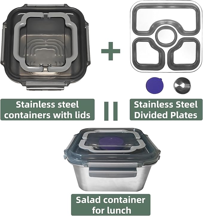 Salad Container for Lunch 2 Pack,3-Compartment Bento-Style Tray,1.5-oz Sacue Container, Dishwasher, Microwave, and Oven Safe (Gray&White)