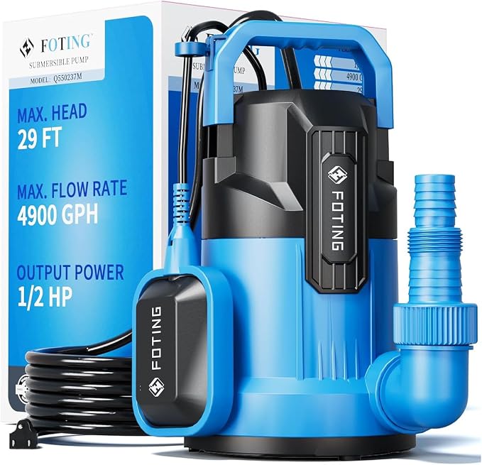 FOTING Sump Pump, High Flow Clean&Dirty Submersible Water Pump with Float Switch, Thermoplastic Electric Portable Utility Pump for Pool Draining Hot Tub Garden Basement, Large
