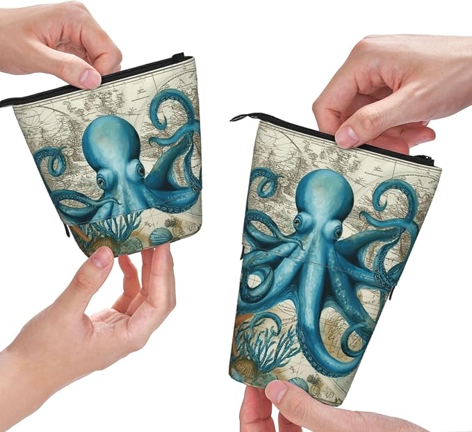Beach Octopus Kids Standing Pencil Case Girls Boys Telescopic Stationary Pouch with Zipper Large Capacity Stand up Pen Bag Portable Makeup Holder for Children School Students Office Supplies