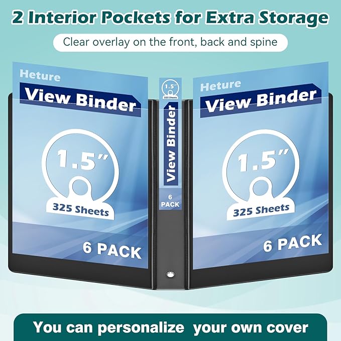 Heture 3 Ring Binder 1.5 Inch 6 Pack, 1-1/2" Clear View with Round Rings, PVC-Free,Holds for 325 Sheets 8.5X 11 US Letter Size Paper, Durable Black Perfect for Office,School and Home