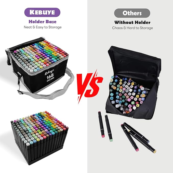 Kebuye 168 Colors Alcohol Markers Set, Professional Drawing Markers for Artist Adult Coloring Books Black Permanent Dual Tip Art Markers with Holder, Coloring Marker for School Sketching Coloring