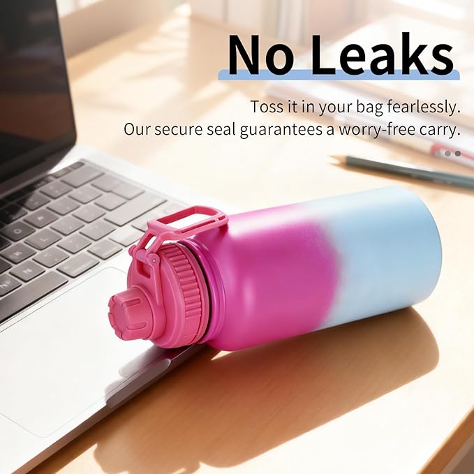 Gulex Motivational Water Bottle 32oz with Time Marker- Leakproof & BPA Free Sports Water Bottle with Straw & Carry Strap for Gym, Travel and Outdoor Sports (Stainless steel insulation-PurpleBlue)
