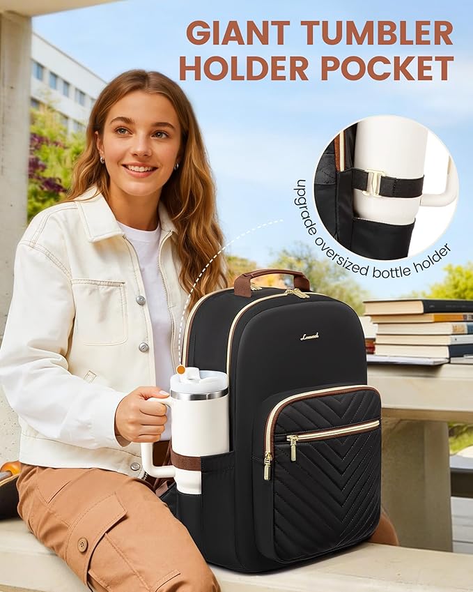 LOVEVOOK Laptop Backpack for Women with Giant Tumbler Holder 18.4 inch,Designer Travel Backpack Laptop Bag College Backpack,Quilted Work Nurse Teacher Backpack Purse Computer Bag Daypack,Black Brown