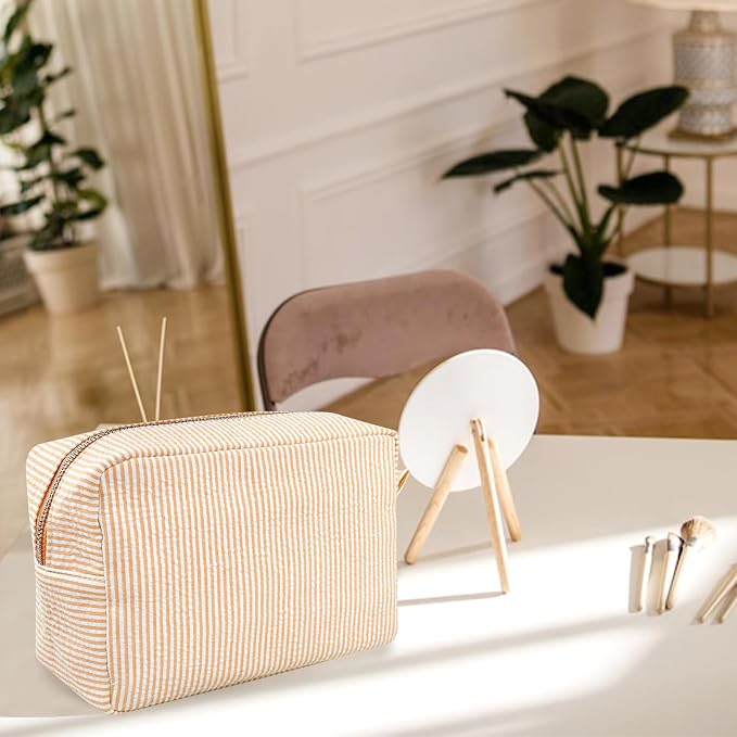 GFU Cosmetic Bags for Women, Seersucker Cosmetic Bag, Travel Toiletry Stripe Makeup Bag, Large Women Aesthetic Organizer Storage Pouch, Girls Handbags Purses, Orange