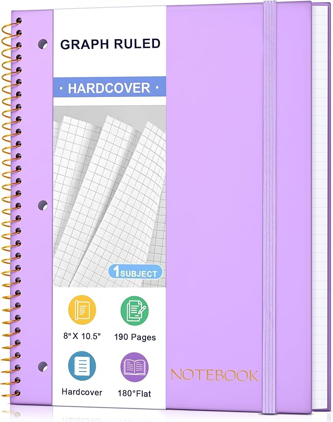 Spiral Notebook Graph Ruled Paper 8" x 10 1/2", 1 Subject Spiral Grid Notebook 3-Hole Punched Perforated Page Ideal for School, Office, Writing, 95 Sheets Lined Journaling Graphing Notebook, Purple