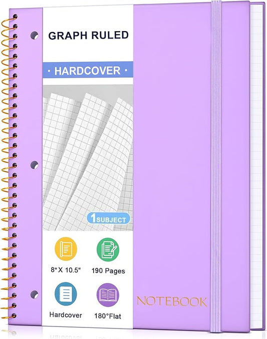 Spiral Notebook Graph Ruled Paper 8" x 10 1/2", 1 Subject Spiral Grid Notebook 3-Hole Punched Perforated Page Ideal for School, Office, Writing, 95 Sheets Lined Journaling Graphing Notebook, Purple