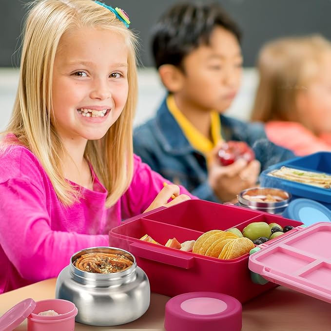 Bento Box for Kids with Thermos, [Large Capacity] Insulated Lunch Box Kids with 4 Compartment for Ages 3+, Drop-Proof & Dishwasher Safe Lunchbox Container Pink