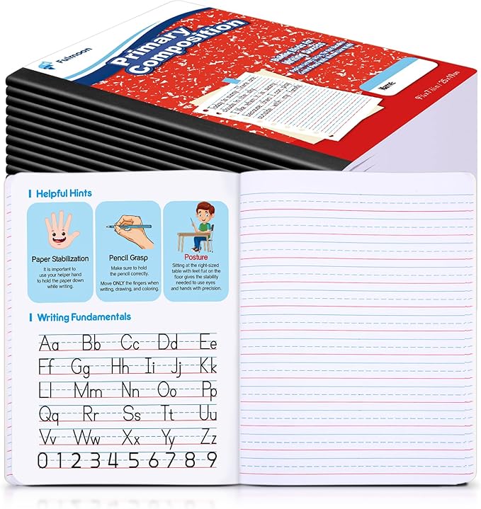 24 Pack Primary Composition Notebook,Grade K-2 Journal Wide 3 Line Ruled,80 Pages,Marble Cover,7-1/2" x 9-3/4" Primary Writing Notebook for Kindergarten Preschool,1st 2nd Grad (Red Color)