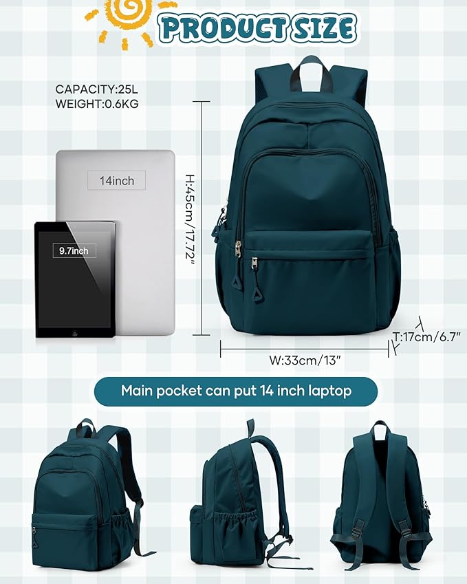 winspansy Backpack for School Teenage Girls Boys,Waterproof Lightweight School Bags Travel Daypack Simple Cute College Backpack Rucksack for Women Men fit 14 Inch Laptop,Peacock Blue
