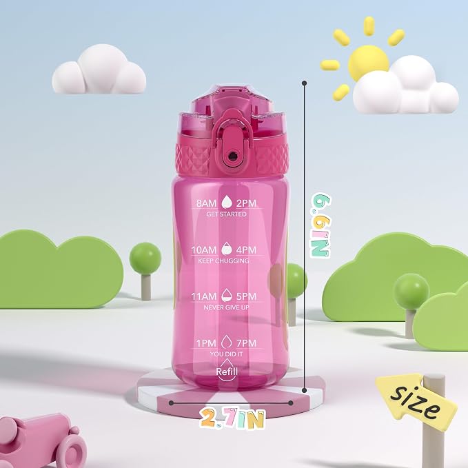 OLDLEY 12oz Kids Water Bottle, Tritan BPA-Free, Leakproof Flip Straw Lid, Motivational Time Marker, Carry Strap, Reusable Clear Water Bottle for Boys & Girls,Eggplant