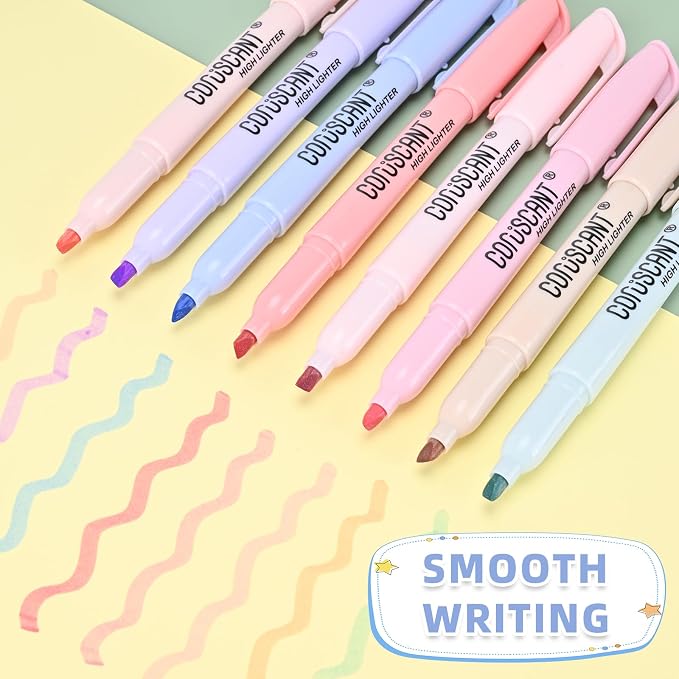 coruscant Pastel Highlighters Set, Assorted Colors Chisel Tip Cute Highlighters, Dry Quickly, for Journal Bible Study, School Office Supplies, 8 Pack