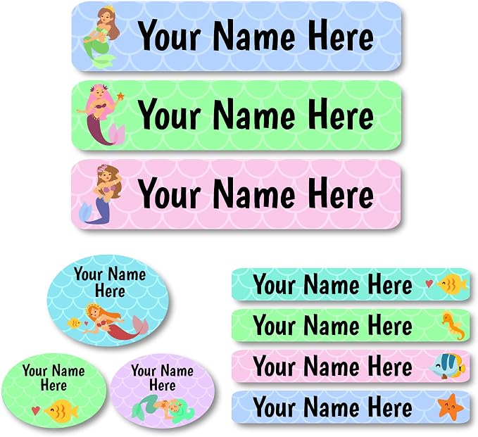 Lovable Labels Personalized Labels for Kids (85 Labels/Pack) - 3 Label Sizes Waterproof Dishwasher Safe Peel & Stick Labels for School Supplies Daycare Camp Clothing Bottles (Mermaid Lagoon)