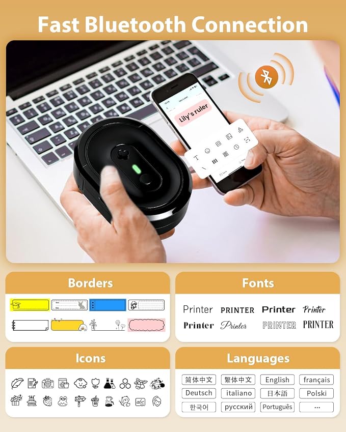 Label Maker N12 Bluetooth Thermal Label Printer, Black | Portable Label Maker Machine with Tape, Creative Templates for School Supplies, Kitchen, Pantry, Storage, Files and Business