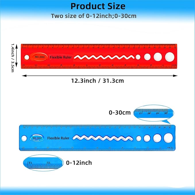 2 PCS Flexible Ruler, 12inch/30cm Plastic Clear Bendable Soft Ruler, Shatterproof Flat Rulers for School, Classroom, Office Supplies